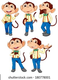 Ilustração dos cinco macacos vestindo jeans azul sobre um fundo branco