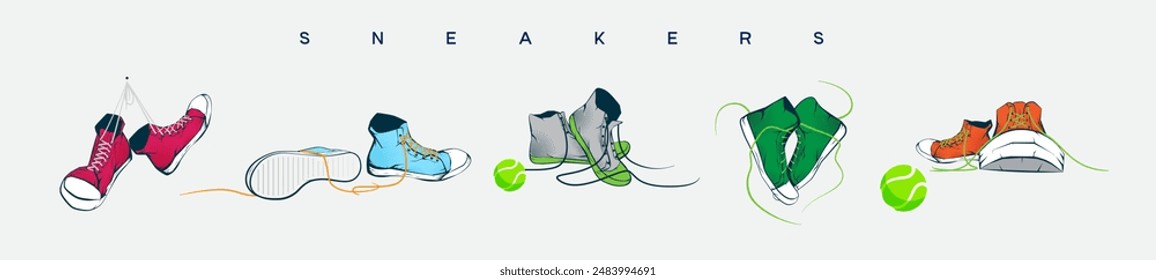 Illustration of five pairs of sneakers in colorful designs, from different angles and positions, shoe illustration template.