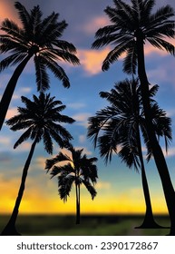 Illustration mit fünf Palmen auf Sonnenuntergang