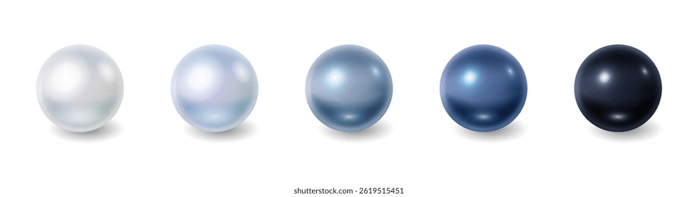 Illustration of five pearls in gradient shades from white to black displaying elegance and luxury on white background. Ideal for jewelry design and decoration with copy space.