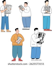 Illustration of five people in casual attire reading or holding newspapers, showcasing a variety of poses and styles.
