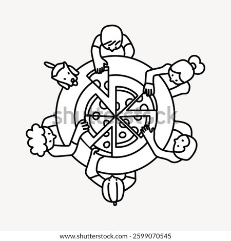 Illustration of five people and a dog sharing a pizza. Top view of a pizza being divided among diverse group. Simple line art style with a communal theme. Doodle illustration vector.