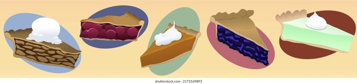 Illustration Of Five Pie Slices Of Various Flavors - Apple, Cherry, Pumpkin, Blueberry And Key Lime, Some With Ice Cream And Whipped Cream Toppings.