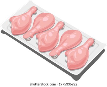 Illustration of five pieces of  raw chicken  drumsticks arranged in a white tableware, isolated