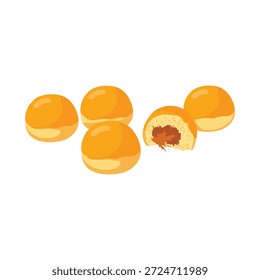 Ilustración de cinco tartas de piña sobre fondo blanco, una cortada por la mitad para revelar su relleno, mostrando un postre tradicional.