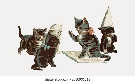 Illustration of five playful kittens, with bows and hats, gathered around a book. Kittens are interacting, showcasing curiosity and playfulness in a vintage style. Vintage cat illustration vector.