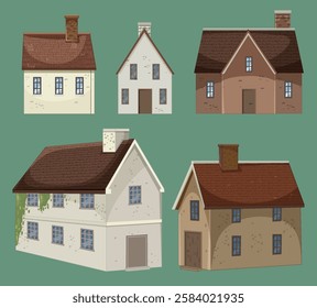 Illustration of five quaint, rustic village homes