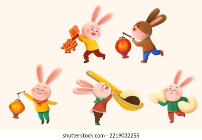 Illustration of five rabbits celebrating Chinese Lantern Festival, two of them holding lanterns, some holding glutinous rice balls either with arms or spoon and the other holding firecrackers.