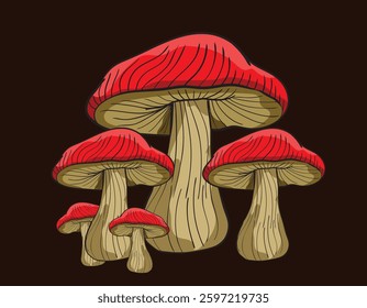 Illustration of five red and brown mushrooms growing together on a turquoise background