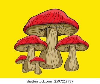 Illustration of five red and brown mushrooms growing together on a turquoise background