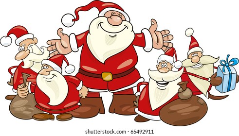 illustration of five santa clauses group