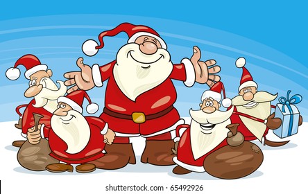 illustration of five santa clauses group