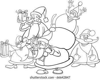 illustration of five santa clauses group for coloring book
