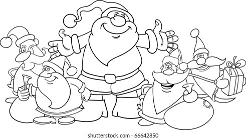 illustration of five santa clauses group for coloring book