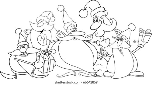 illustration of five santa clauses group for coloring book