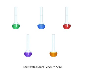 Illustration of five scientific flasks, each filled with a different color liquid solution.