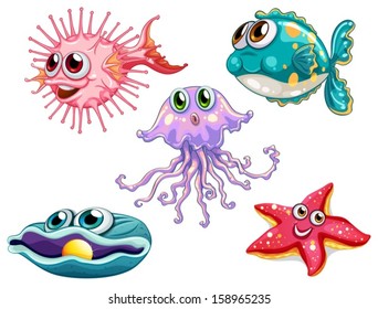 Illustration of the five sea creatures on a white background