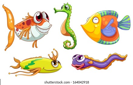 Illustration of the five sea creatures on a white background