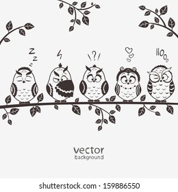 illustration of five silhouette funny emoticon owls sitting on a branch