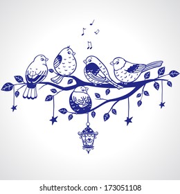 illustration of five silhouette funny sparrows sitting on a branch