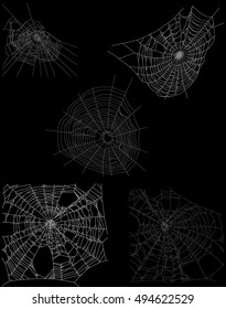 illustration with five spider webs isolated on black background