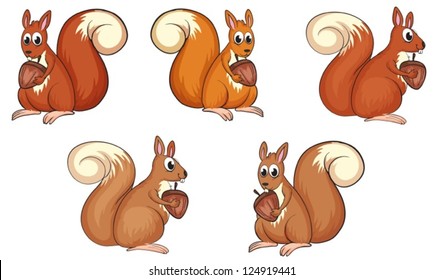 Illustration of five squirrels eating on a white background