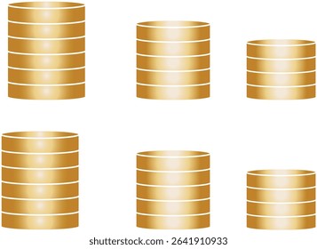 Illustration of five stacks of gold coins, varying in height, on a white background. Symbolizes wealth, savings, or financial growth.