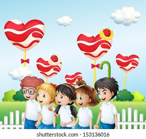 Illustration of the five students at the candyland