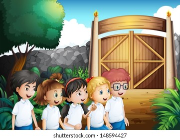 Illustration of the five students with complete uniforms