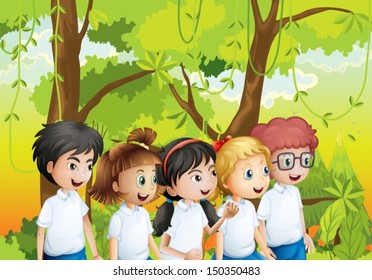 Illustration of the five students at the forest