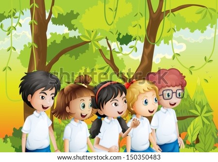 Illustration of the five students at the forest
