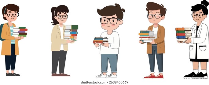 Illustration of five students with glasses holding stacks of books, showcasing education and learning.
