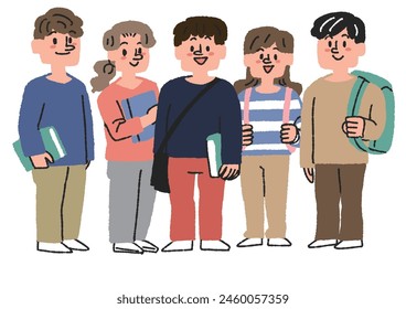 Illustration of five students standing in a row Comical hand-drawn figures Vector, color on line drawing