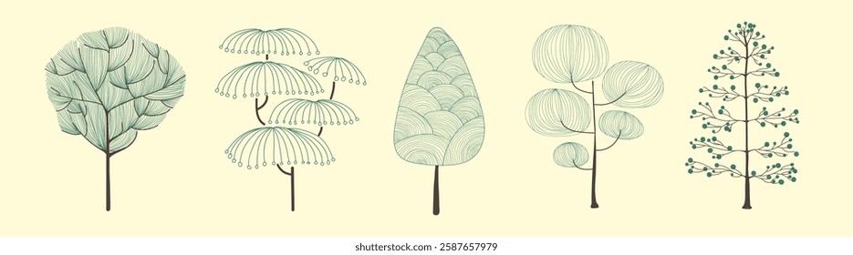 Illustration of five stylized trees with unique shapes and patterns. Each tree has distinct leaves and branches, showcasing creative tree designs. Botanical illustrations, isolated vector set.