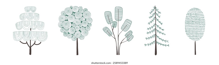 Illustration of five stylized trees in various shapes and patterns. Each tree has unique design elements, showcasing diverse tree forms and artistic styles. Botanical illustrations, vector set.