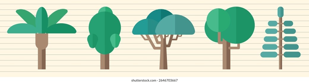 Illustration of five stylized trees in various shapes and shades of green. Trees with round, triangular, and palm-like leaves. Trees in a minimalist design. Nature vector illustration set.