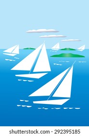 An illustration of five stylized yachts sailing in a calm sea dotted with small islands and a few clouds in the sky