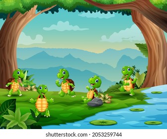 Illustration of five turtles playing by the river