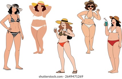 Illustration of five women in swimsuits and hats enjoying a day at the beach, each with unique styles and accessories.
