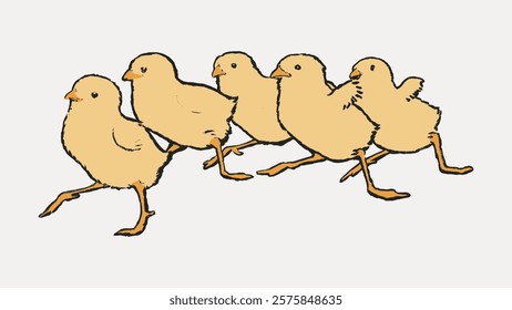 Illustration of five yellow chicks walking in a line. Chicks in motion, yellow chicks with cute expressions. Vintage illustration isolated, vector.