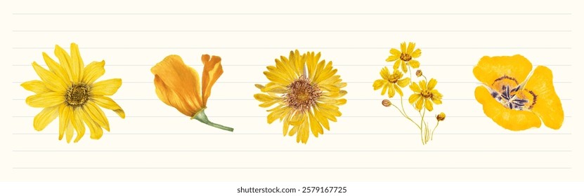 Illustration of five yellow flowers on lined paper. Yellow petals, diverse flower shapes. Yellow floral arrangement, artistic yellow flower depiction. Nature illustrations, isolated element vector set