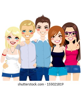 Illustration of five young friends together happy shoulder to shoulder