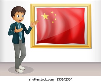 Illustration of the flag of China presented by a man on a white background