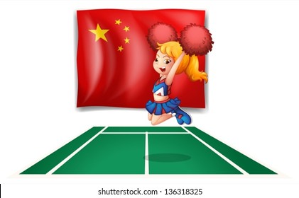 Illustration of the flag of China and the young cheerdancer on a white background