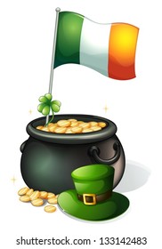 Illustration of a  flag, a clover plant, a pot of gold and a green hat on a white background