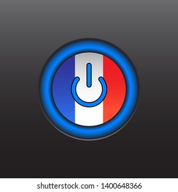 Illustration of Flag of France in the shape of power push button turning on and off on black silver metallic background. Go France web icon concept.
