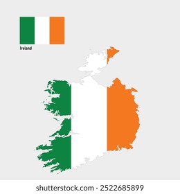 Uma ilustração da bandeira da Irlanda com o mapa poderia apresentar o tricolor verde, branco e laranja como fundo, sobreposto com um contorno da ilha da Irlanda.