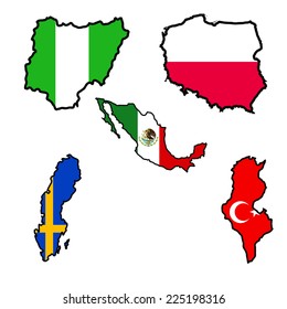 Illustration of flag in map of Nigeria,Poland,Mexico,Sweden,Tunisia 