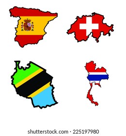 Illustration of flag in map of Spain,Switzerland,Tanzania,Thailand