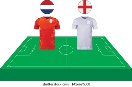 Illustration of the flag of the Netherlands and England over the national teams T-shirts on the background of a football field. Concept of soccer game Netherlands vs England. Vector.